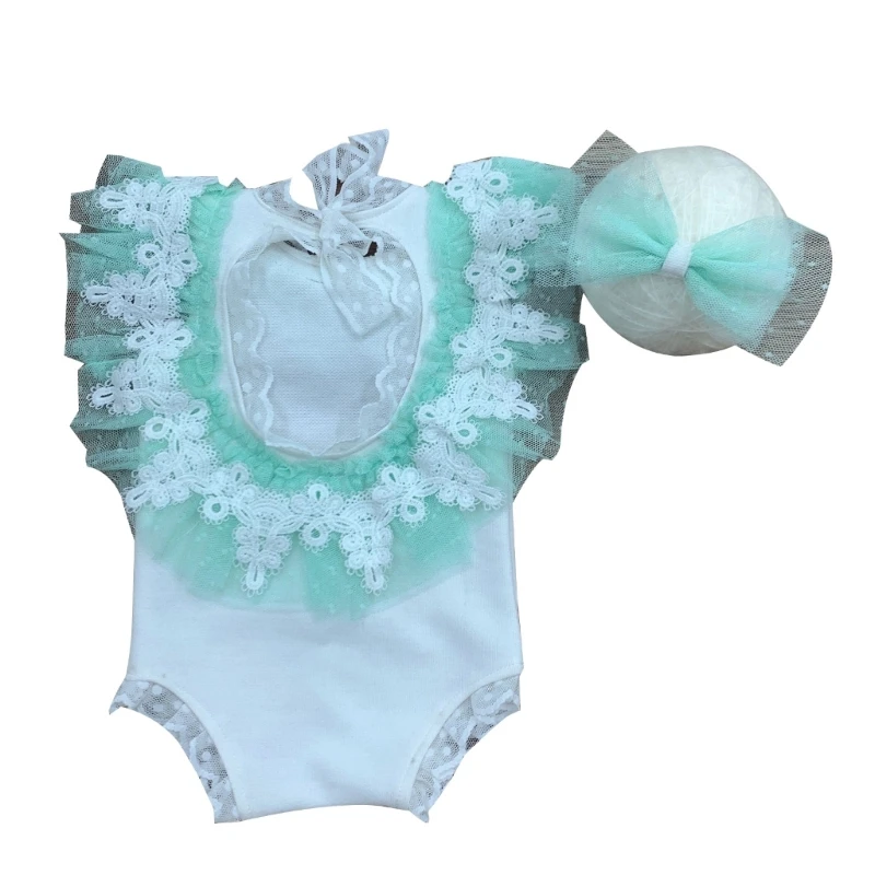 

Baby Photo Clothing Princess Lace Jumpsuit & Bow Headband Backless Ruffle Lace Romper Newborns Shower Party One-piece