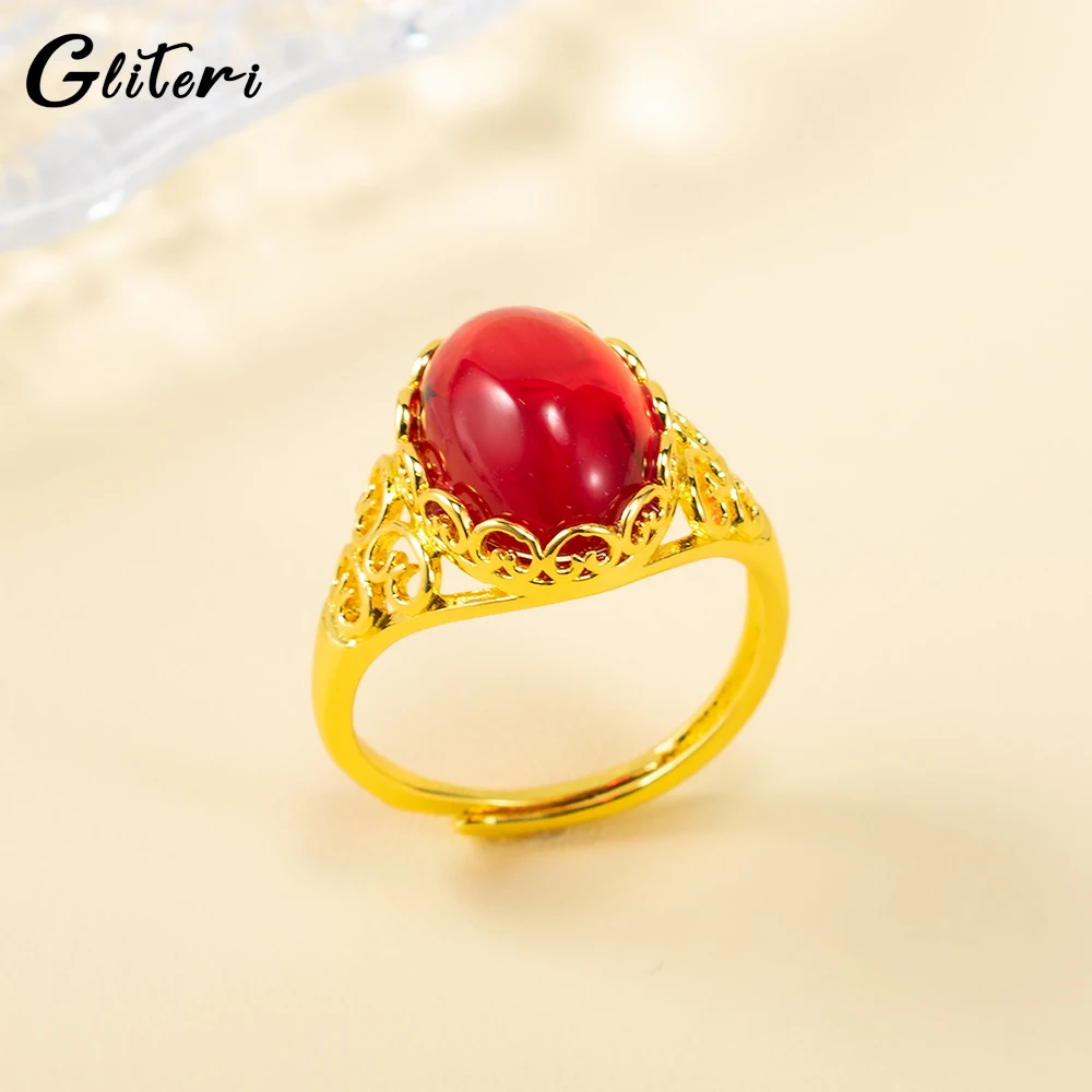 

GEITERI Vintage Red Agate Rings For Women Men Gold Color Oval Natural Crystal Stone Adjustable Finger Ring Jewelry Female Bijoux