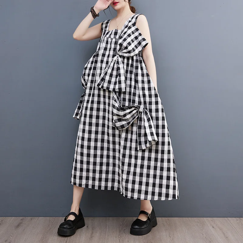 

#3933 Summer Plaid Midi Dress Women Spliced Bow Sexy Sleeveless Spaghetti Straps Dress Female Loose Asymmetrical A-line Dresses