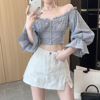 2022 summer womens korean skirt suit fashion sexy two piece set plaid one shoulder short shirt top high waist slit skirt