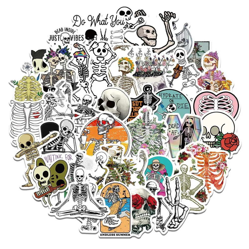 

50Pcs Cartoon Colorful Human Skeleton Funny Skull Sticker Diy Diary Luggage Laptop Phone Shell Scary and Funny Scenes Toy Gift