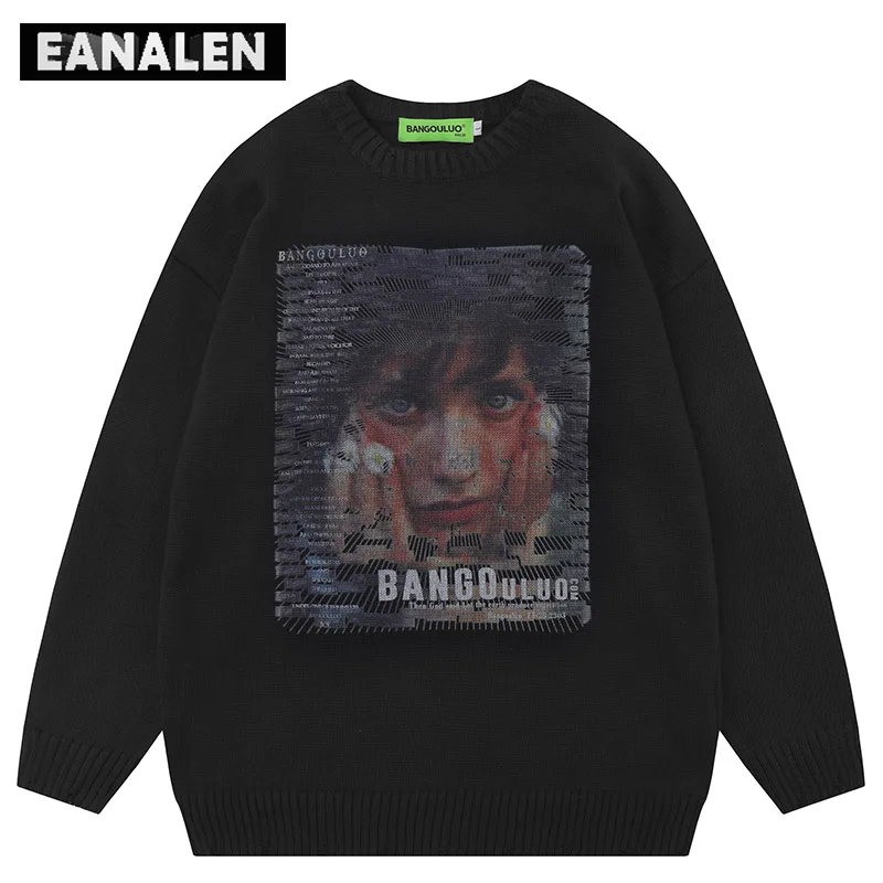 

Вязаный свитер в стиле Харадзюку С абстрактной фигуркой, мужской зимний Готический Ретро пуловер оверсайз в стиле панк, черный свитер с аниме, мужской свитер с уродливым дедушкой