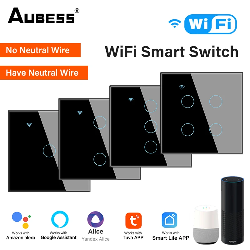 

Smart Touch Switch Aubess Wifi Home Assistant 1/2/3/4 Gang Support Alexa Google Home Touch Light Switch Top Sale Wall Button Hot