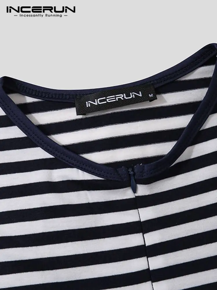 INCERUN Comfortable Homewear New Men's Sexy Striped Onesies Zipper Male All-match Simple Rompers Long Sleeve Jumpsuit S-5XL 2023