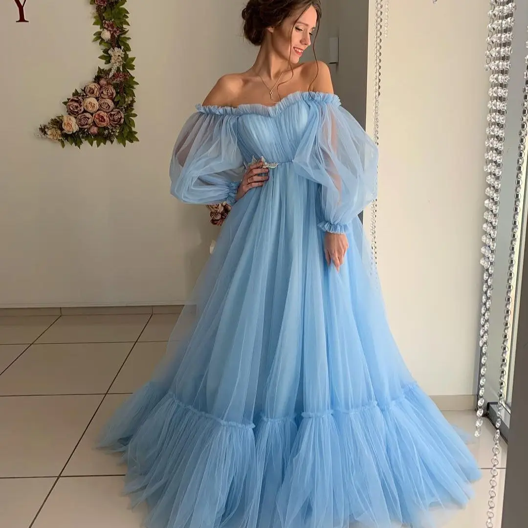 

FATAPAESE Off Shoulder Light Wedding Dresses for Bride Sweetheart Princess A Line Floor Length Blue Gowns Tulle Lace Up Gown