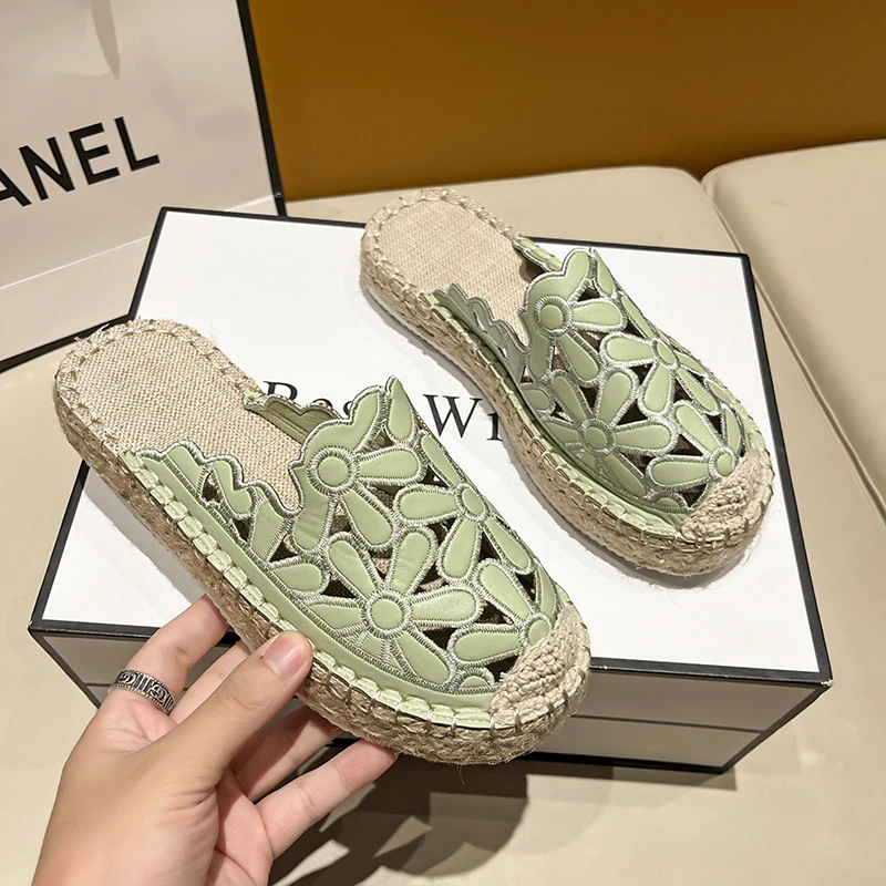 

Flats Thick Beach Flower Women Slipper 2022 Summer Slide Beach Hemp Rope Espadrille Straw Straps Sandals Women Shoes Flip Flop