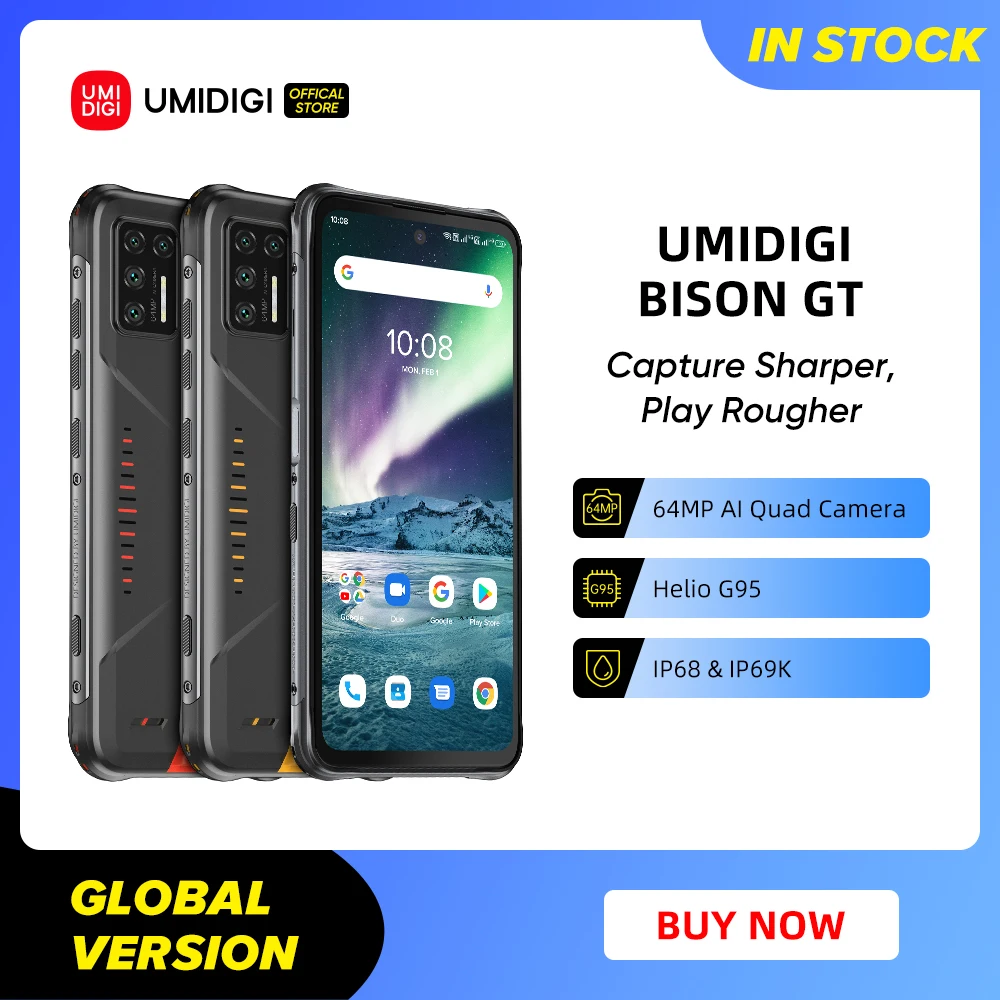 

UMIDIGI BISON GT Rugged Phone Waterproof IP68/IP69K Helio G95 64MP AI Quad Camera 8GB+128GB 6.67" FHD+ 33W Charger Smartphone