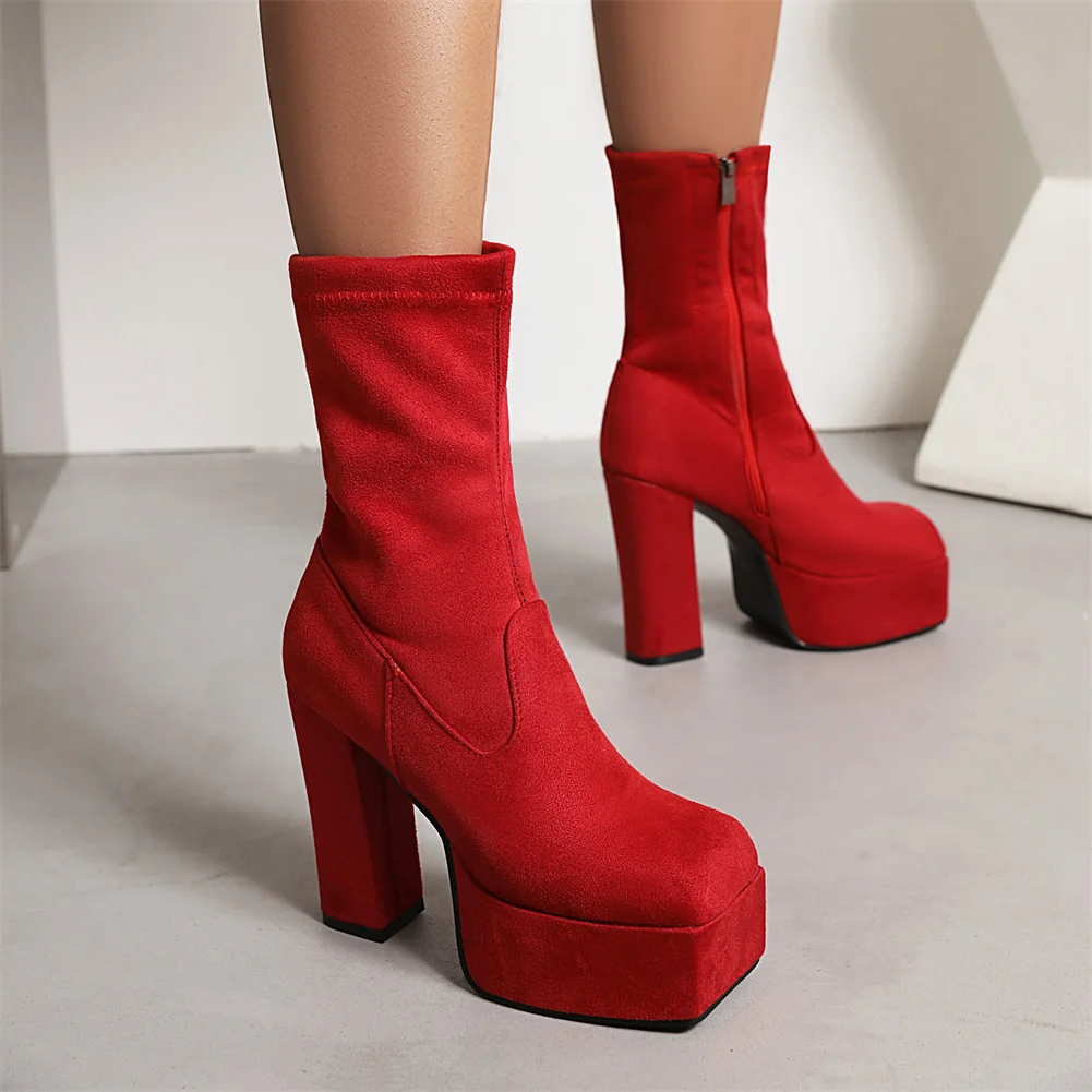 Plus Size 48 New Female Thick High Heels Knee High Boots Fashion Zip Square Toe women's Boots 2022 Party OL Sexy Shoes Woman