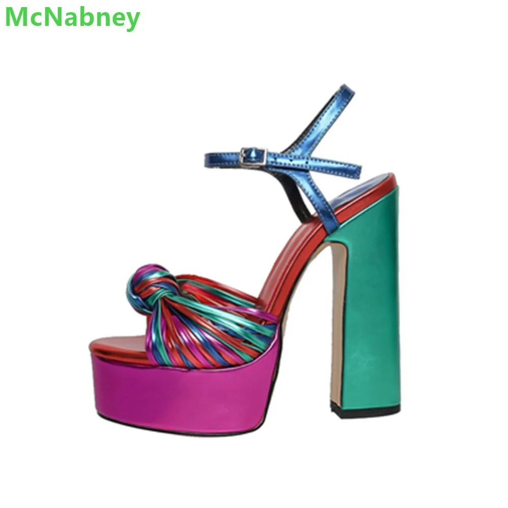 Colorful Weave Platform Elegant Sandals Chunky Heel Slingback Ankle Buckle Strap Peep Toe Hollow Sexy Fashion Shoes For Women