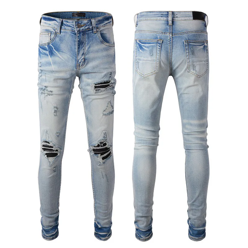 

New Arrival Mens Y2k Distressed Light Blue Skinny Denim Pants Ripped High Streetwear Damaged Hole Pencil Destroyed Jeans Hommes