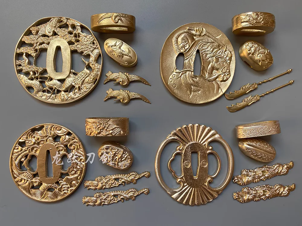 Фото Полный яркий медный латунный набор аксессуаров Tsuka Tsuba Fushi Kashira Menuki для японского самурая Катана Меч №2