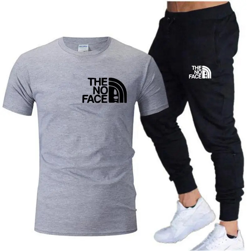 THENO 2023 new men's cotton hot brand summer T-shirt+trousers men's fitness jogging two-piece men's casual sports suit