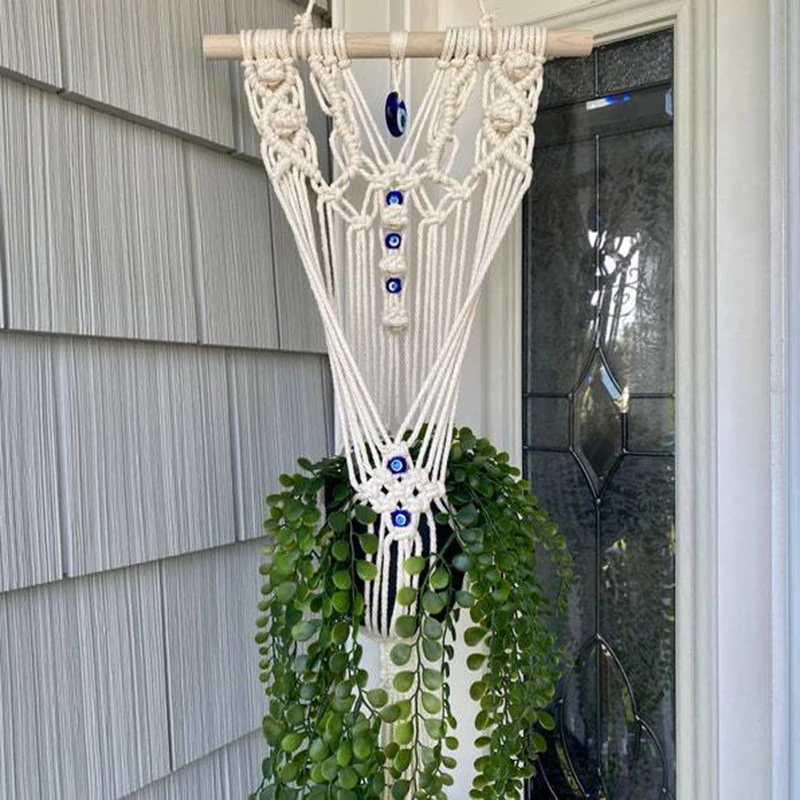 

Evil Eyes Macrame Hand-woven Hanging Plant Pot Flowers Hanger Beige Cotton Bohemian Room Balcony Decor
