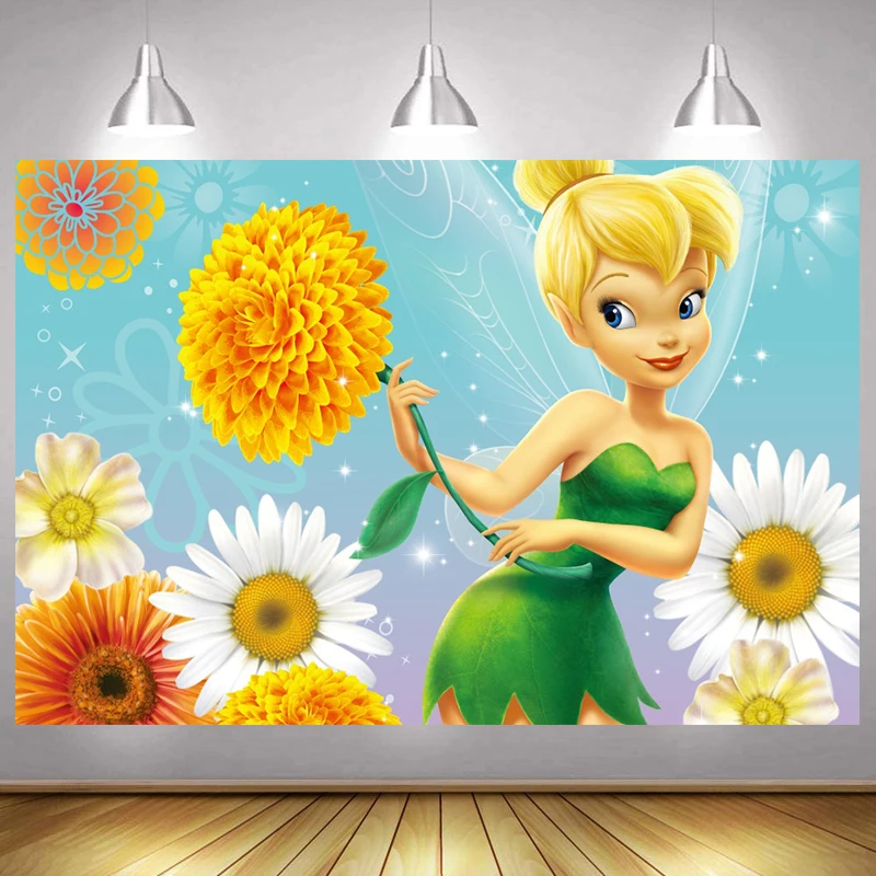 

Tinkerbell Backdrop Girls Happy Birthday Party Sunflower Baby Shower Fairy Tale Photography Background Photographic Banner