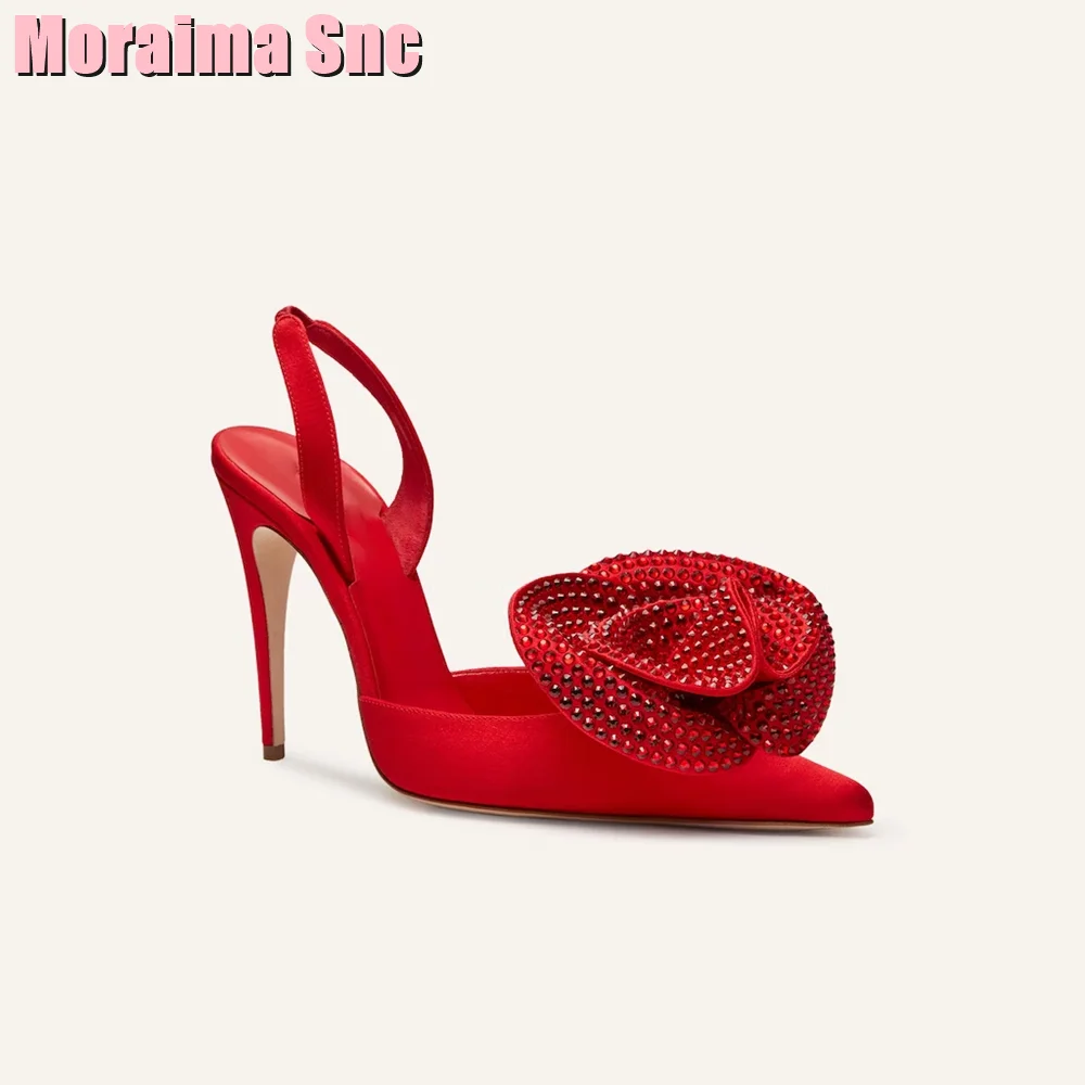 Crystal Flower Pointed Toe Shallow Sandals Stiletto High Heel Back Strap Slip On Black Solid Sexy Women Wedding Shoes Summer New