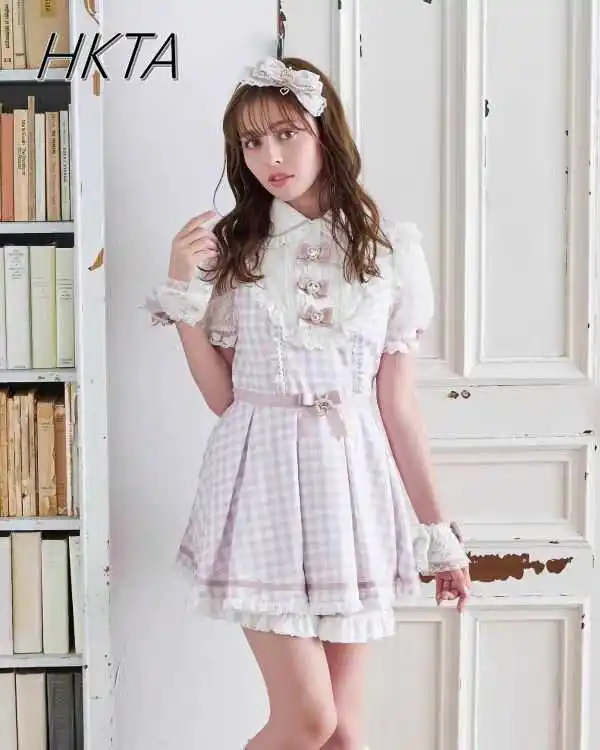 Японский милая девочка кукольный воротник бант короткий рукав клетчатое платье