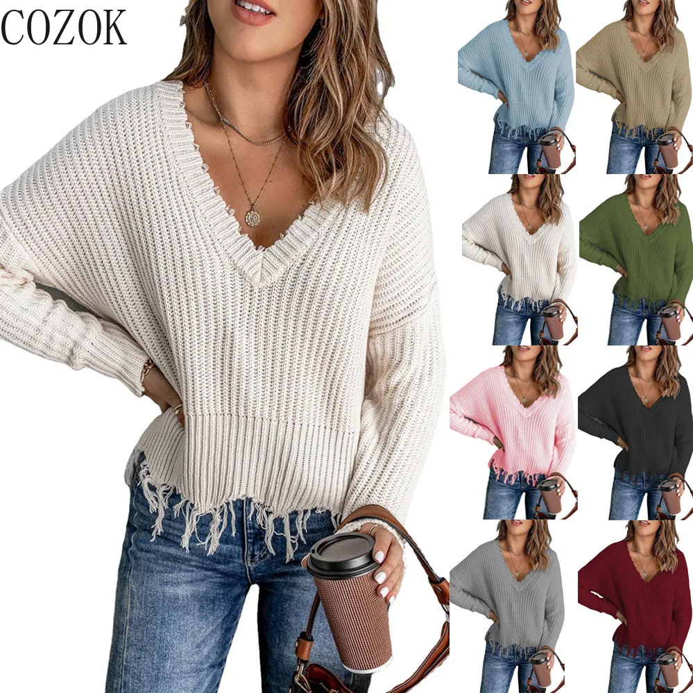Women's Cotton Tassel Ripped Sweater Knitted Sueter Mujer Pullover Свитер Oversized Sweater Ropa De Invierno Para Mujer Con