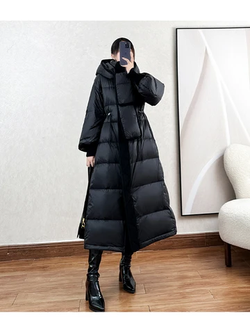 Зимняя длинная толстая пуховая куртка для женщин с капюшоном с цепочкой и широкими манжетами, модное черное темно-синее зимнее пальто