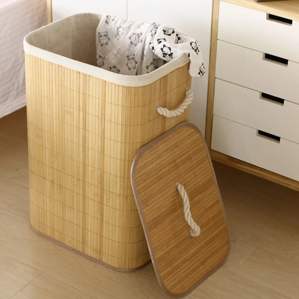 

Foldable Clothes Storage Basket Household Laundry Dirty Clothes Storage Bucket Bamboo Basket (Khaki)