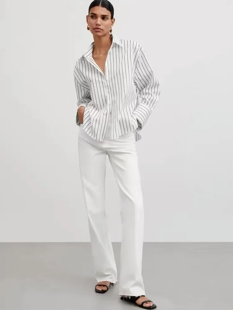 

Summer new women's casual fashion loose fit cotton versatile striped lapel long-sleeved shirt
