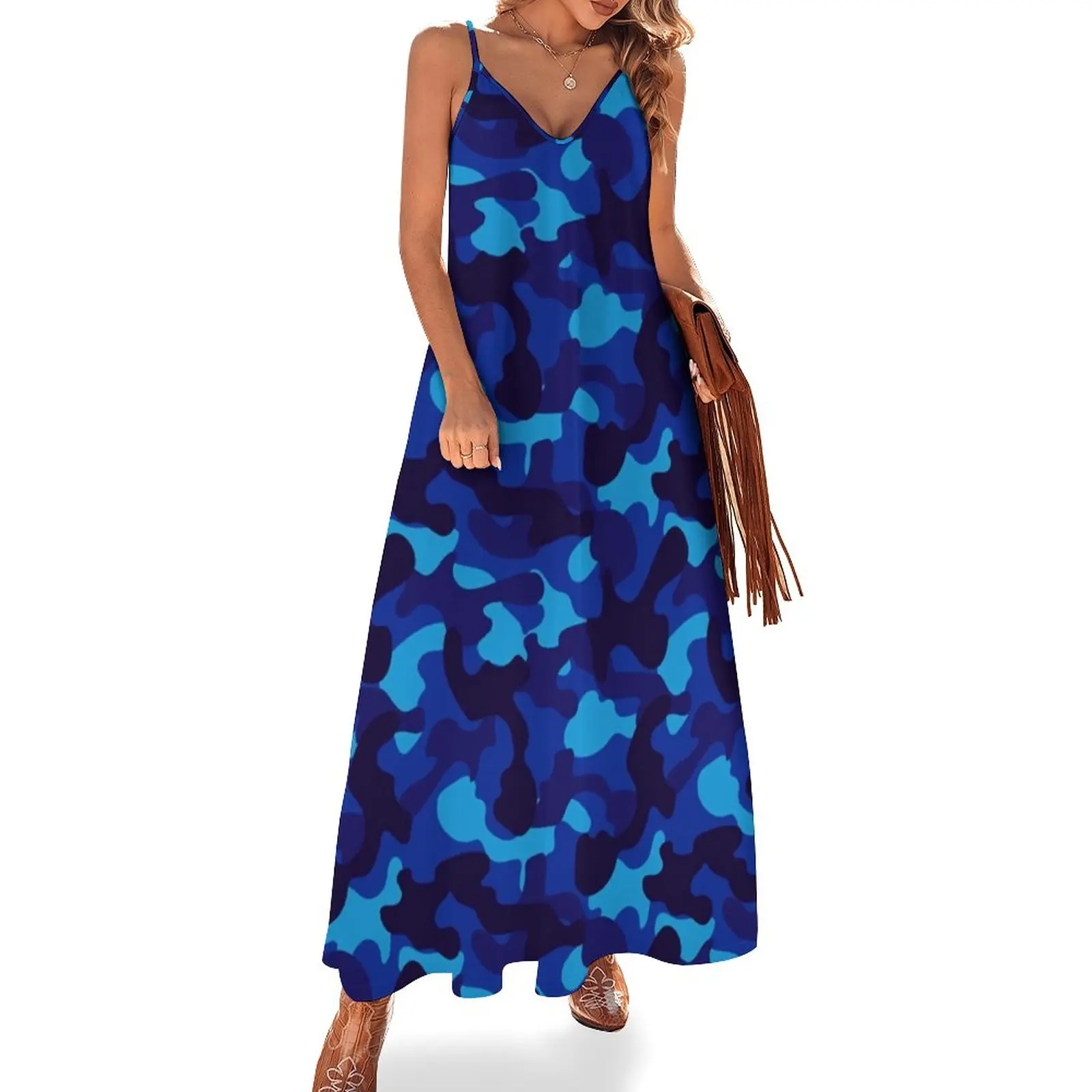 

Blue Camo Print Dress Army Camouflage Fashion Boho Beach Long Dresses Holiday Cute Maxi Dress Design Clothing Birthday Present