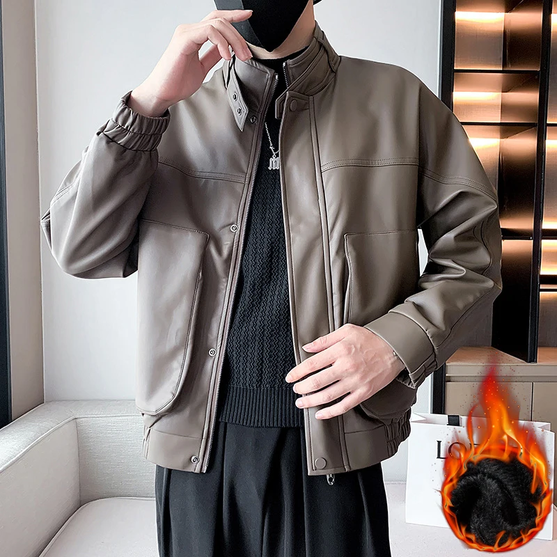 

Новинка Зима 2022, модная мужская теплая кожаная куртка в Корейском стиле, модная повседневная летная куртка, мотоциклетная универсальная ку...