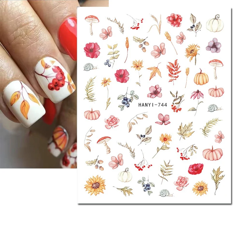Стикеры 3d на ногти Nail Art Хэллоуин Тыква Осенние фрукты золотые карты листья цветы