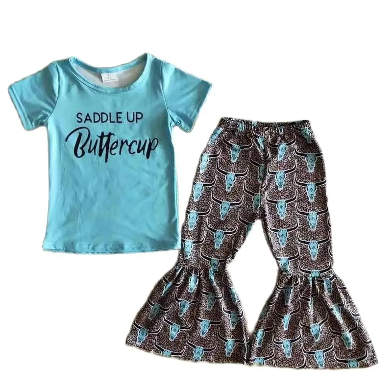 

2022 boutique girls outfits letters pattern short sleeve cattle printed bell-bottoms children clothing sets wholesale
