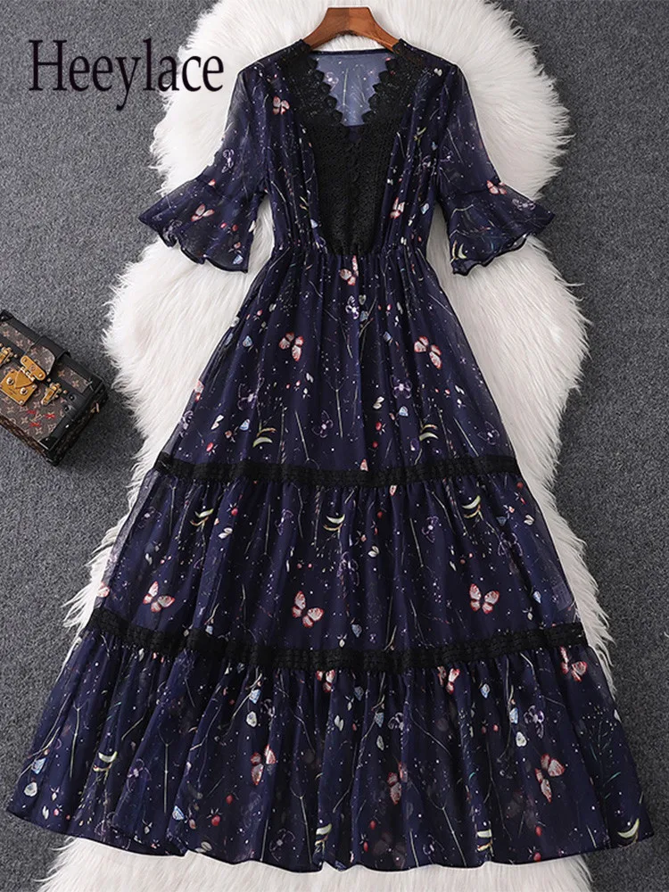 

Женские шифоновые платья с цветочным принтом, элегантные кружевные лоскутные длинные платья с V-образным вырезом для офиса на лето