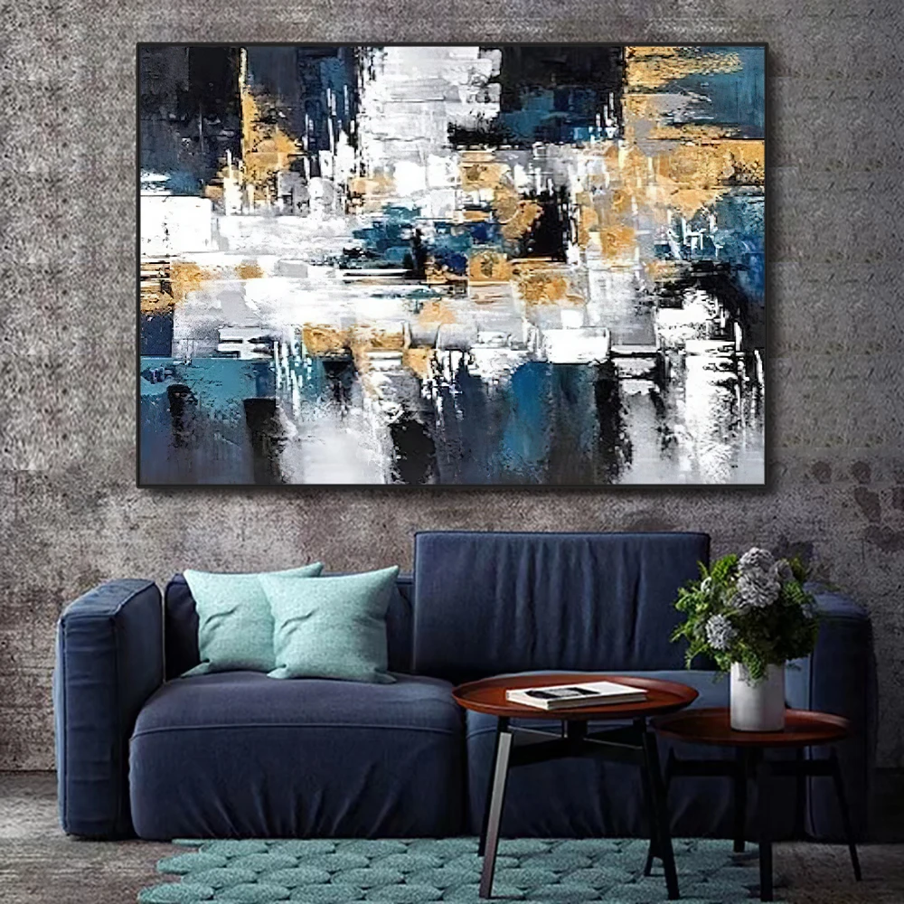 

100% Handmade Thick Golden Texture Oil Painting by Artist Modern Canvas Wall Art Abstract Blue Oil Painting for Livingroom Decor