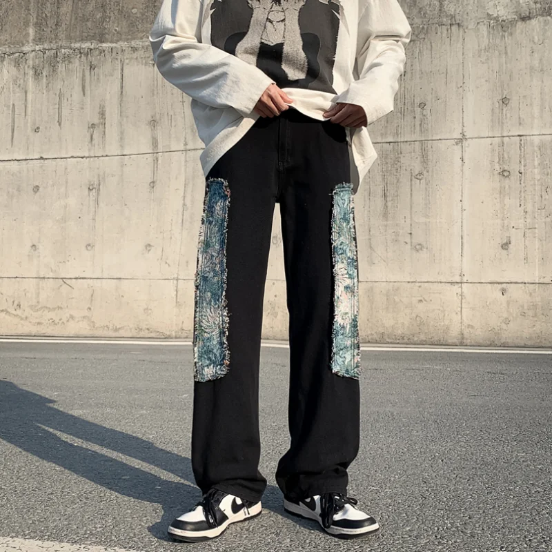 DEEPTOWN Patchwork Straight Jeans Men Streetwear Loose Denim Pants Casual Hip Hop Black Trousers Male Classic Fashion Spring