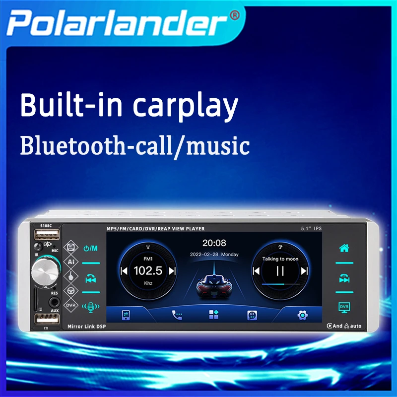 

Car Multimedia Player Carplay/Android Auto 1 Din Mirrorlink Bluetooth MP4 4-USB AM FM MP5 Touch ​Screen RDS 5.1 Inch