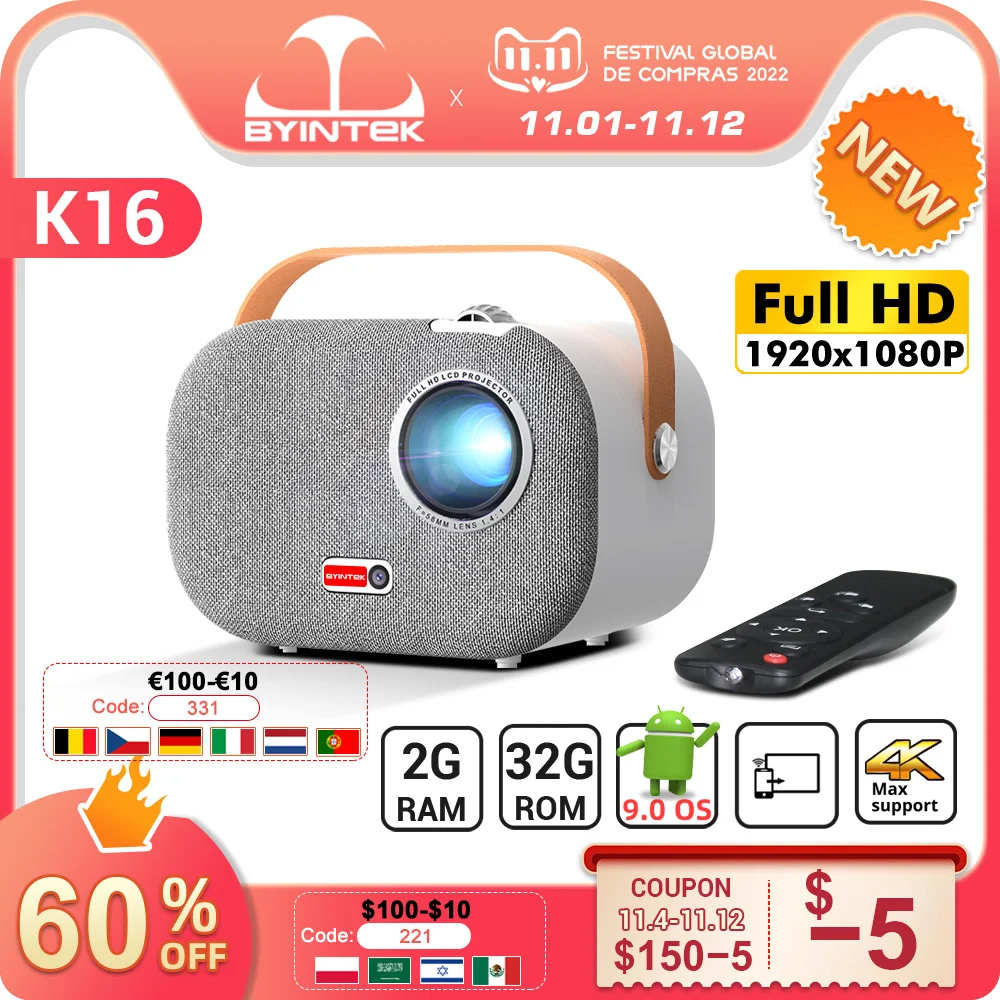 Ceny BYINTEK K16 Przenośny Full HD 1920*1080P 4K LCD Inteligentny Android 9.0 Wifi Mini LED Do Projekcji W Domu Kino 1080P Projektor Do Smartfona