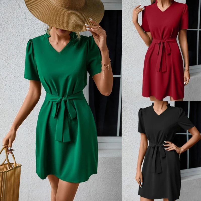 

New style Women Hot Girls Summer Pleated Dress Slim Waist Loose Short Sleeve Short Skirt Holiday Vacation Wedding Guest Dress