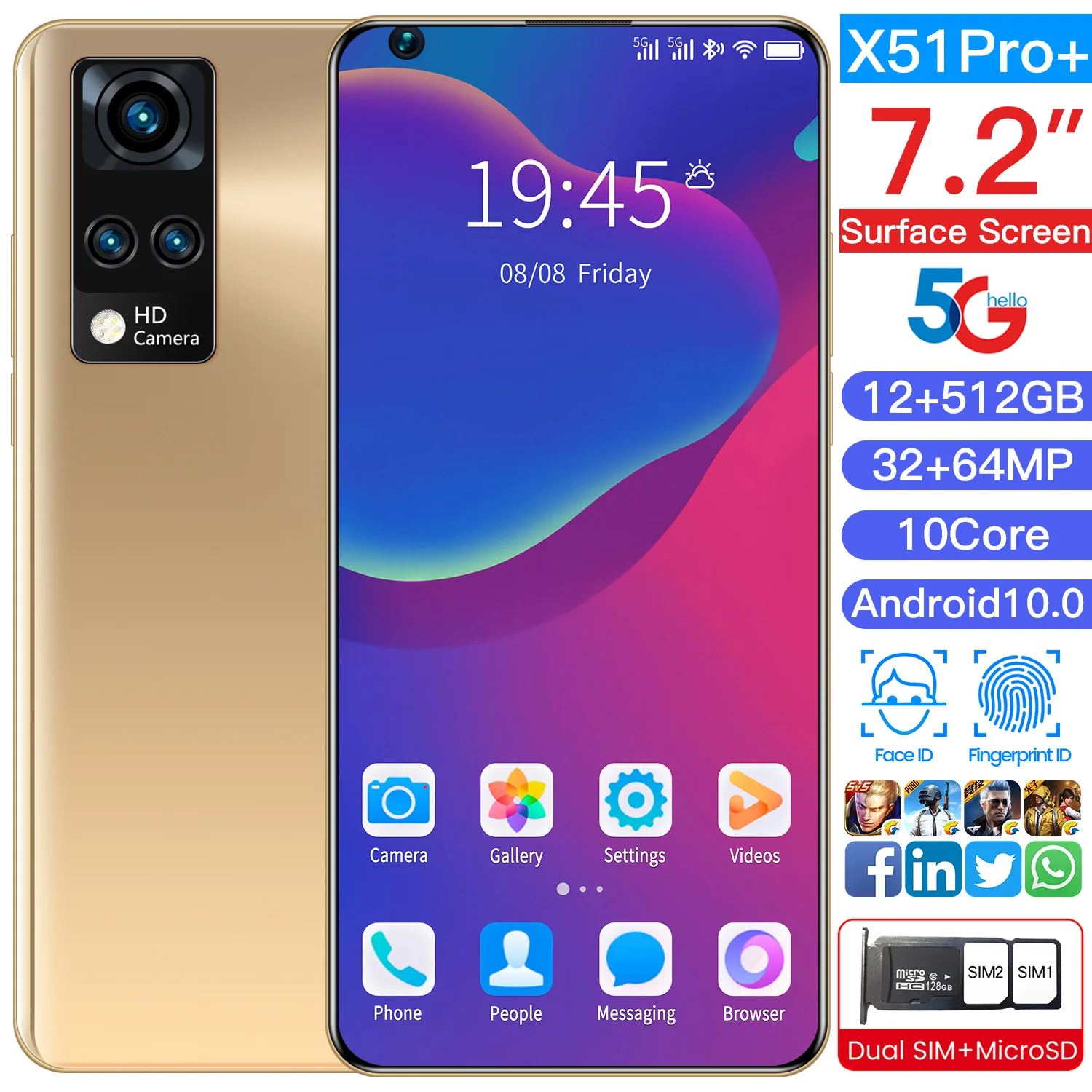 

Global Version X51Pro+ 7.2 Inch Smartphone Android 12GB RAM 512GB ROM Unlocked Mobilephone Celular Cellphone Mobiles