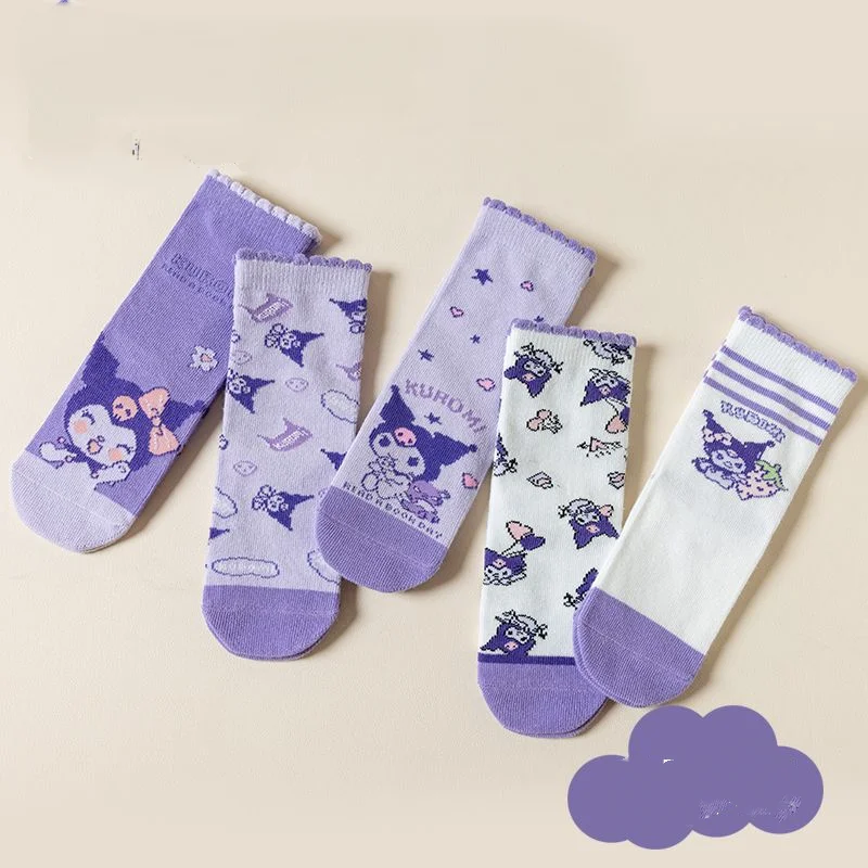 

5 Pairs Kawaii Sanrio Children Sock Cute Kuromi Combed Cotton Mid Length Sockversatile Breathable College Style Christmas Gift