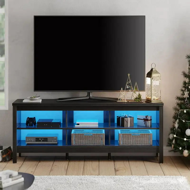 

Stand for 75 inch Center Black Console Table with 6 Storages for Living Room Bedroom, 70