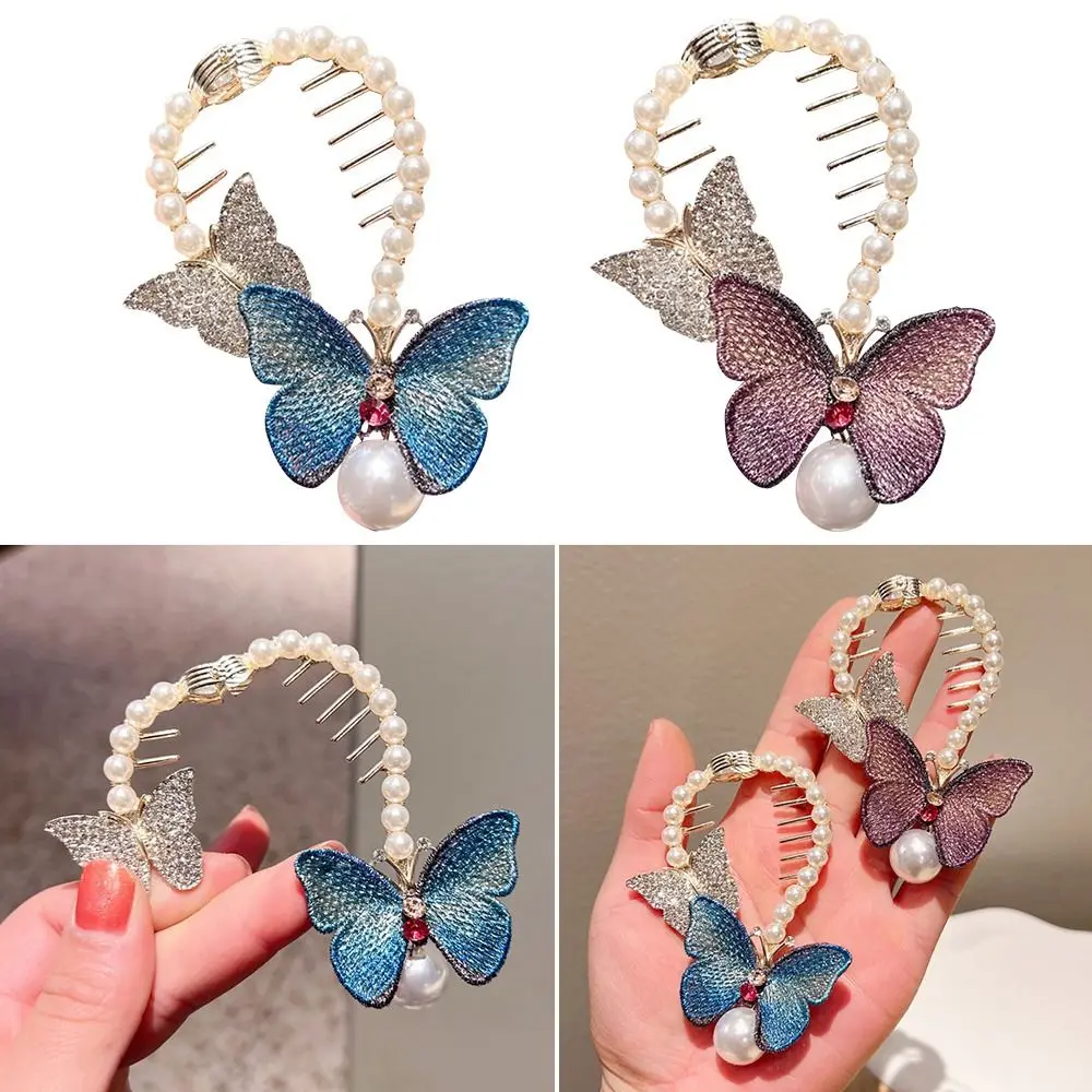 

High Quality Horsetail Buckle Retro Embroidered Rhinestone Hair Buckle Butterfly Hairpin Pearl Hair Clip Headdress