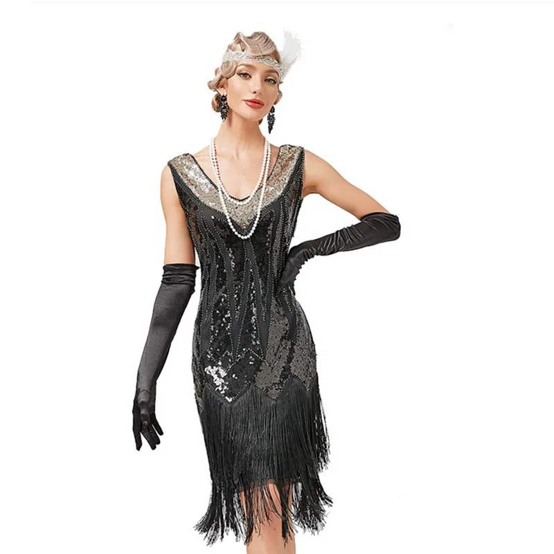 

1920s Fringed Dress European Retro Gates Latin Ball Sequins Beaded Slim Fit Sexy Stage Costume Skirt