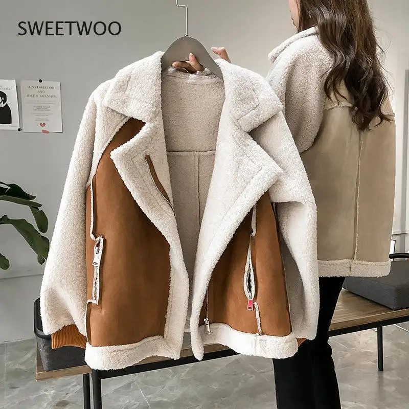 New Women Winter Faux Fur Suede Jackets Coat Thicken Warm Lambs Wool Teddy Coats Ladies Loose Oversized Outwear Tops 2022