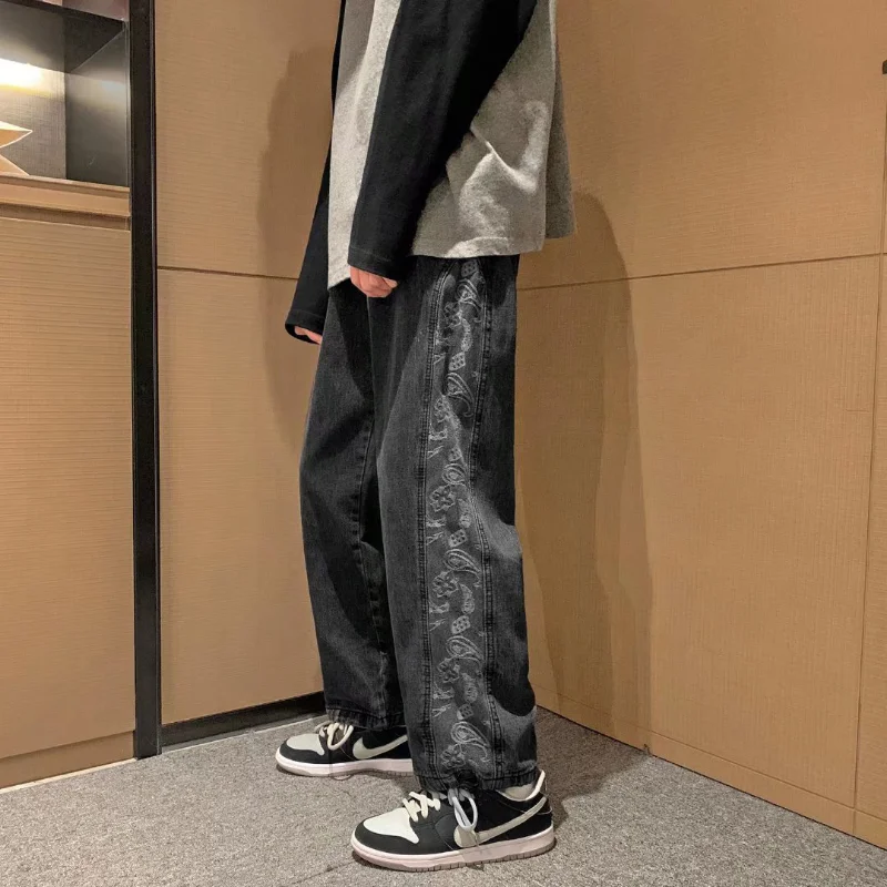 DEEPTOWN Print Straight Jeans Men Streetwear Hip Hop Denim Pants Black Blue Trousers Male Jogger Loose Casual Janpanese Spring