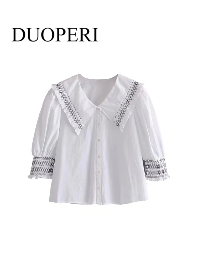 

DUOPERI Women Fashion Vintage Embroidery Poplin Blouses Threee-quarter Sleeve Button-up Female Shirts Blusas Chic Tops