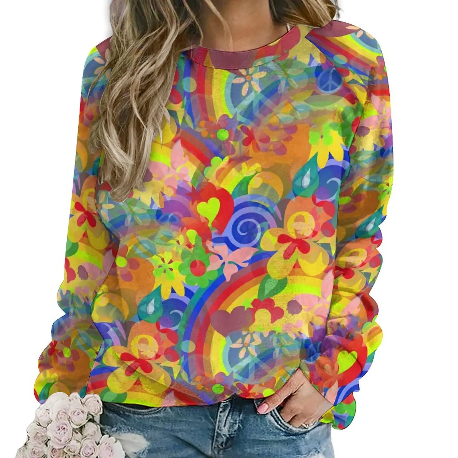 

Flower Power Hoodies Women Long Sleeve Rainbow Print Y2k Casual Hoodie Wholesale Winter Street Style Oversize Design Sweatshirts