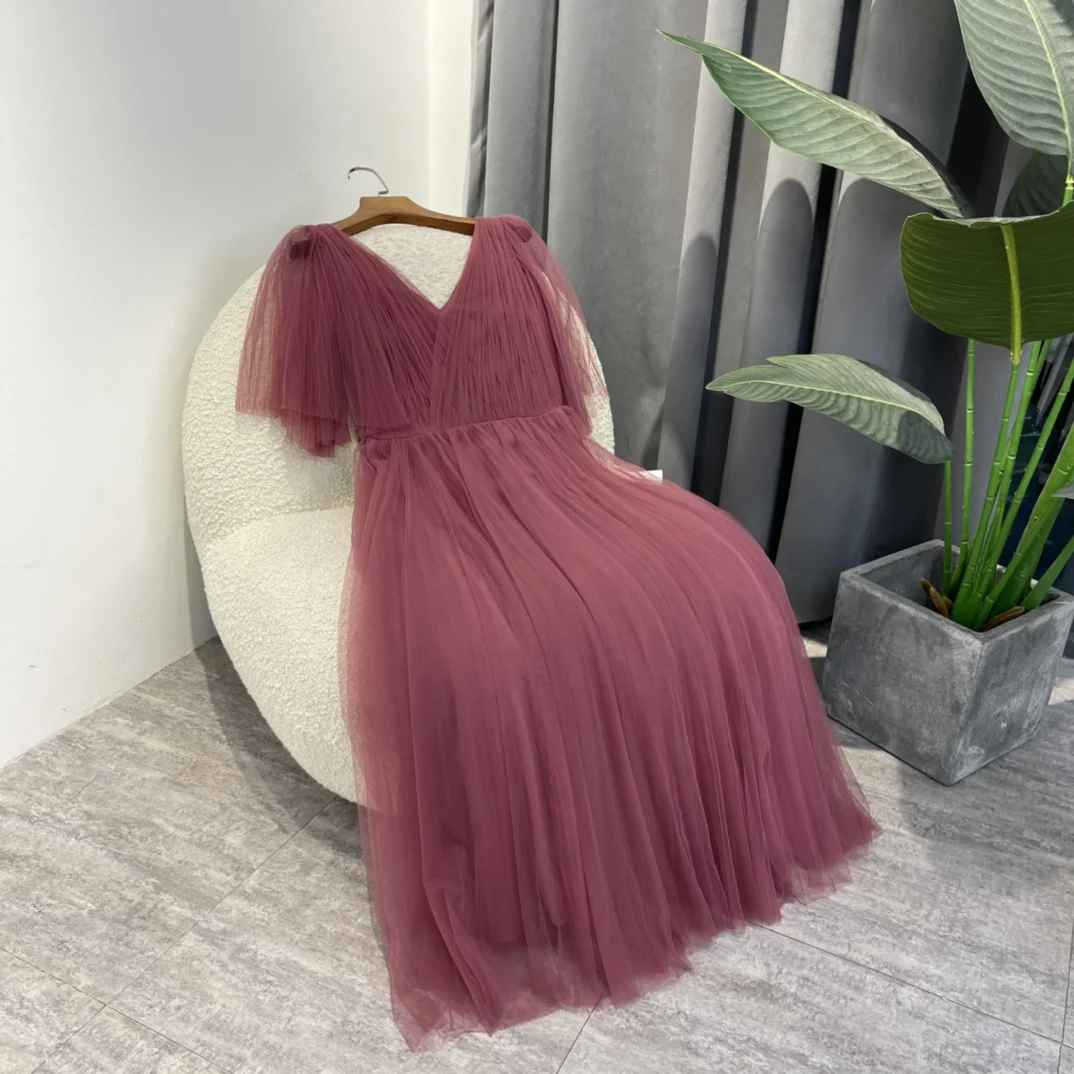 

Midi A-line Fuchsia Waist Dress High Quality Woman For Party Pleated Mesh Clothing 2022 Spring New Arrival