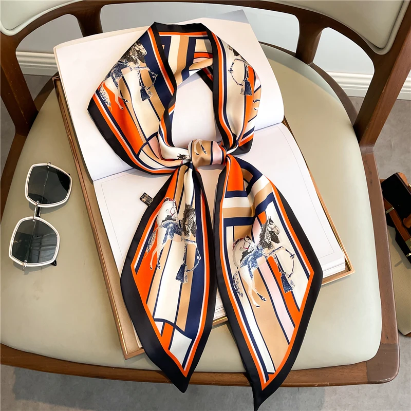 

Luxury Horse Print Skinny Neckerchief Scarf for Women Hair Bands Ribbons Satin Silk Neck Tie Headscarf Bandana Design Wrist Wrap
