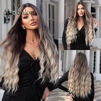 alan eaton long curly wavy synthetic wigs for women brown to blonde ombre hair wig ntural middle parted party wig heat resistant