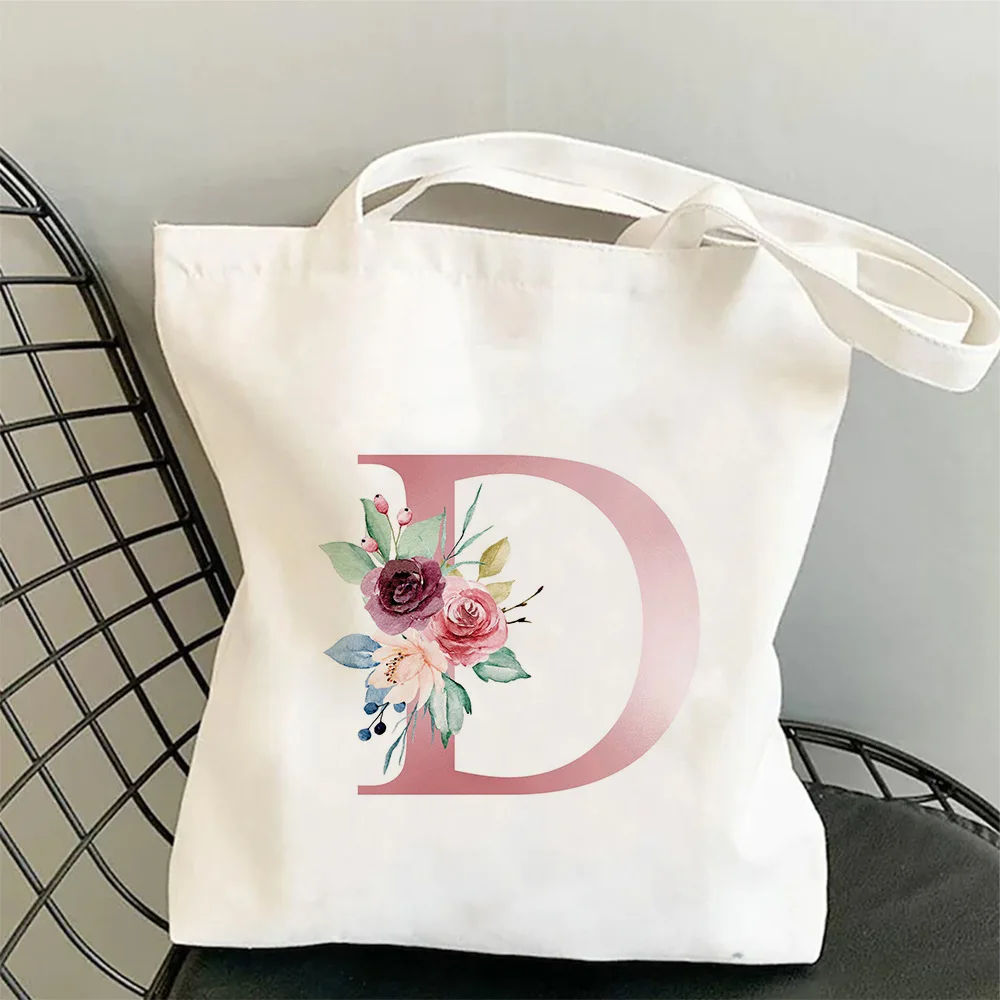 Flowers Alphabet A-Z Cotton Bags Custom Name Shopping Bag Canvas Girls Trip Bridal Wedding Party Giveaway Personalized Tote