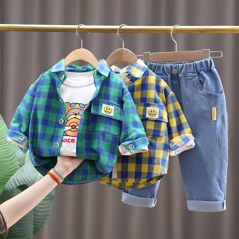 OLEKID 2023 Spring Autumn Children Boys 3PCS Clothing Set Plaid Shirts Cartoon Printed Sweatshirt Jeans Pants Baby Boy Clothes