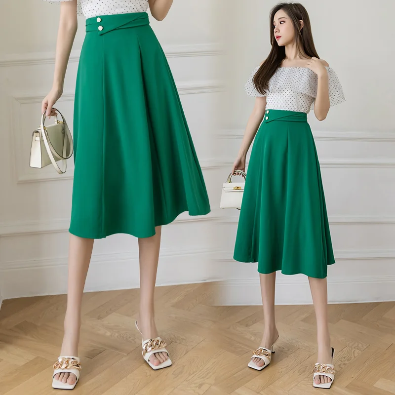 

High Waist Vintage French style Skirt Women Elegant Green street Style Midi Skirt Ladies Long skirt Solid color A-line Skirts