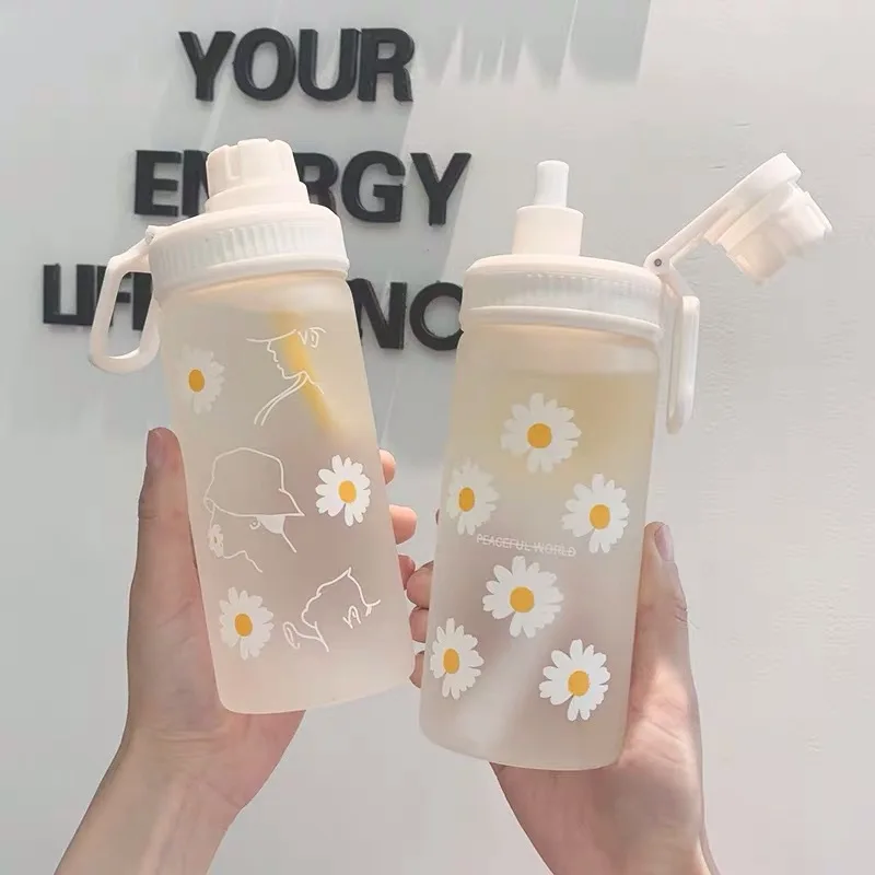 Small Daisy Transparent Plastic Water Bottles 500ml With straw Creative Frosted Water Bottle With Portable Rope Travel Tea Cup